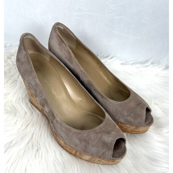 Stuart Weitzman Anna Peep Toe Suede Wedges 8 Brown Slip On Cork Platform Pumps - Picture 1 of 11